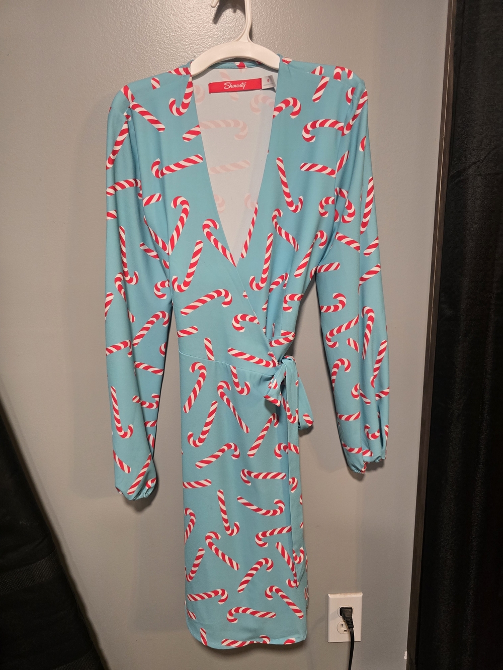 Sweetly Holiday Wrap Dress - Light Blue Candy Cane Print - Long Sleeve